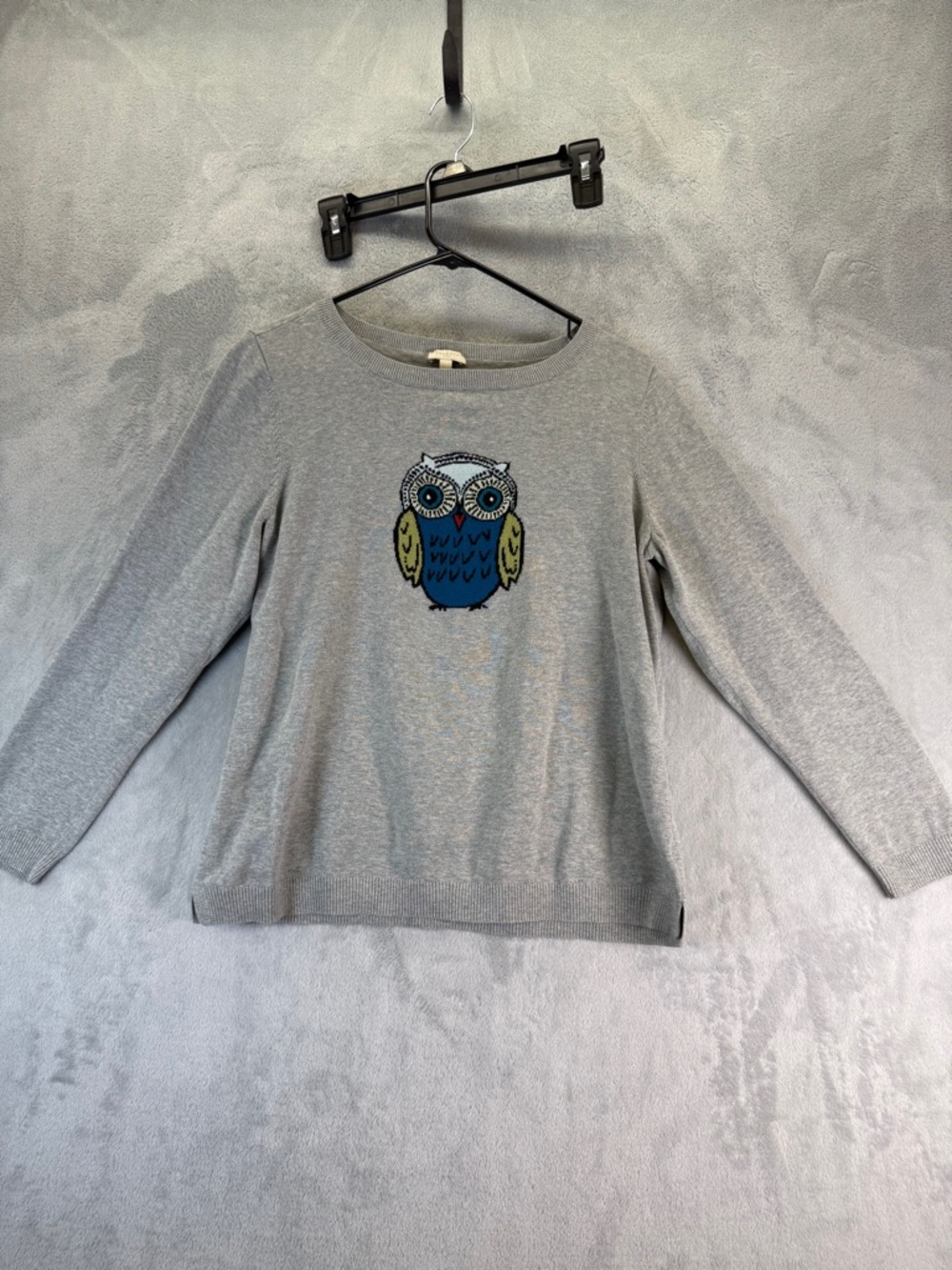 Talbots Sweater Size Large Gray Crewneck Blue Green Owl Modest Long Sleeve